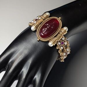 Antiqued Gold Royal Greek Intaglio Pearl Crystal Statement Bracelet